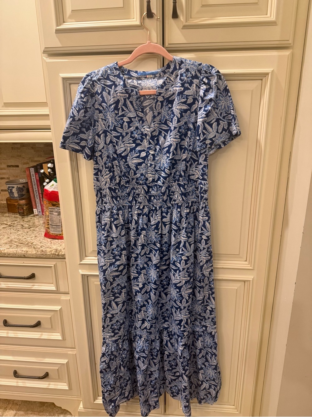 Blue Floral Maxi Dress with Gathered Waist